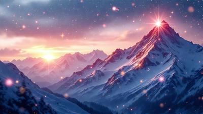 Primary subject: Snowy mountain range
Setting/background: A beautiful snowy mountain range with a sunset in the background.
Visual style: Digital art
Colors and mood: The image is in a colorful and vibrant style, with a warm and serene atmosphere.